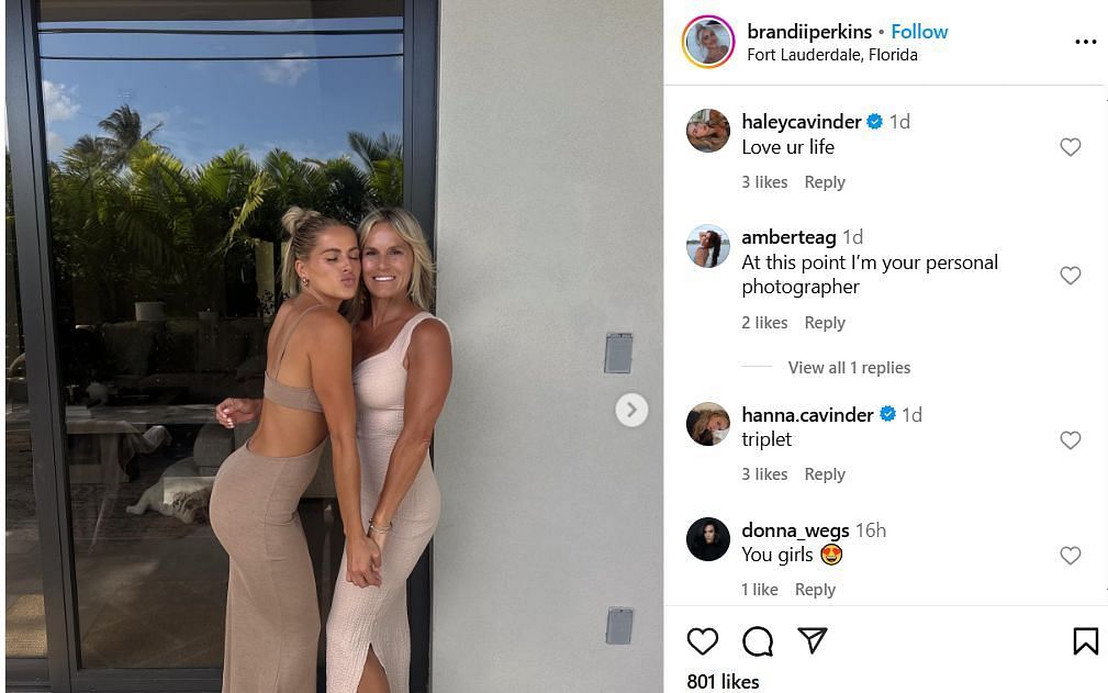 Haley and Hanna Cavinder hype sister Brandi Perkins' IG post. Image via @brandiiperkins